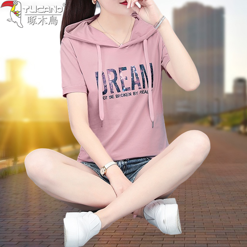 Cotton short-sleeved hooded T-shirt women's 2022 new summer thin section large size top mother spring and autumn fat mm clothes T
