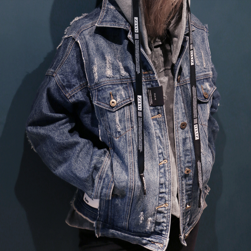 2020 mới đội mũ trùm đầu dày denim jacket BF lỏng quần áo cotton có thể xé mùa thu / mùa đông Hàn Quốc phiên bản của thủy triều đầu