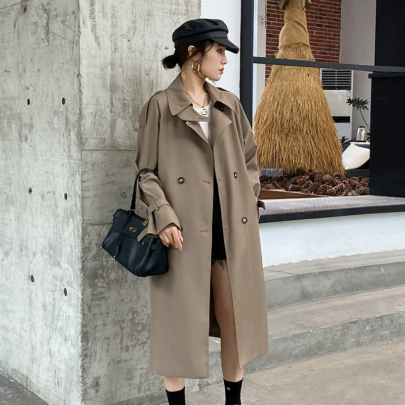 Элитное длинное trench-coat (плащ-транс) осенняя куртка, до середины икры, коллекция 2021 года, для подростков, корейский стиль