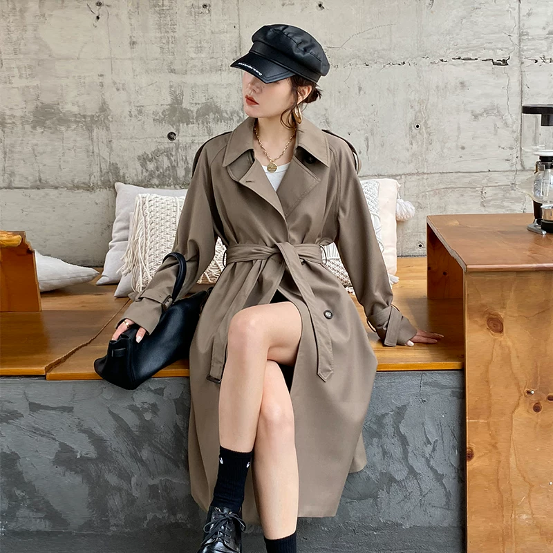 Элитное длинное trench-coat (плащ-транс) осенняя куртка, до середины икры, коллекция 2021 года, для подростков, корейский стиль