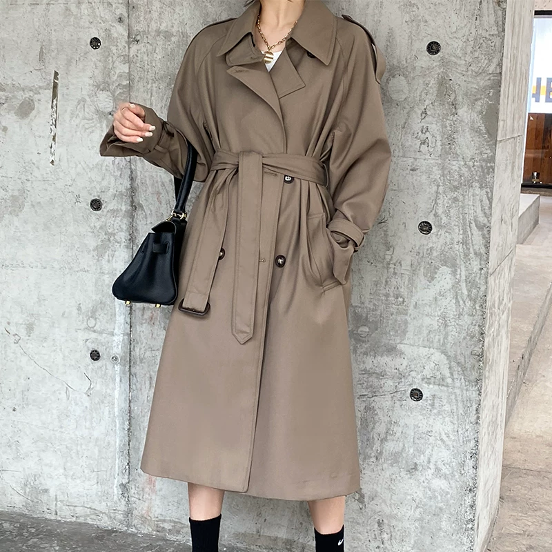 Элитное длинное trench-coat (плащ-транс) осенняя куртка, до середины икры, коллекция 2021 года, для подростков, корейский стиль