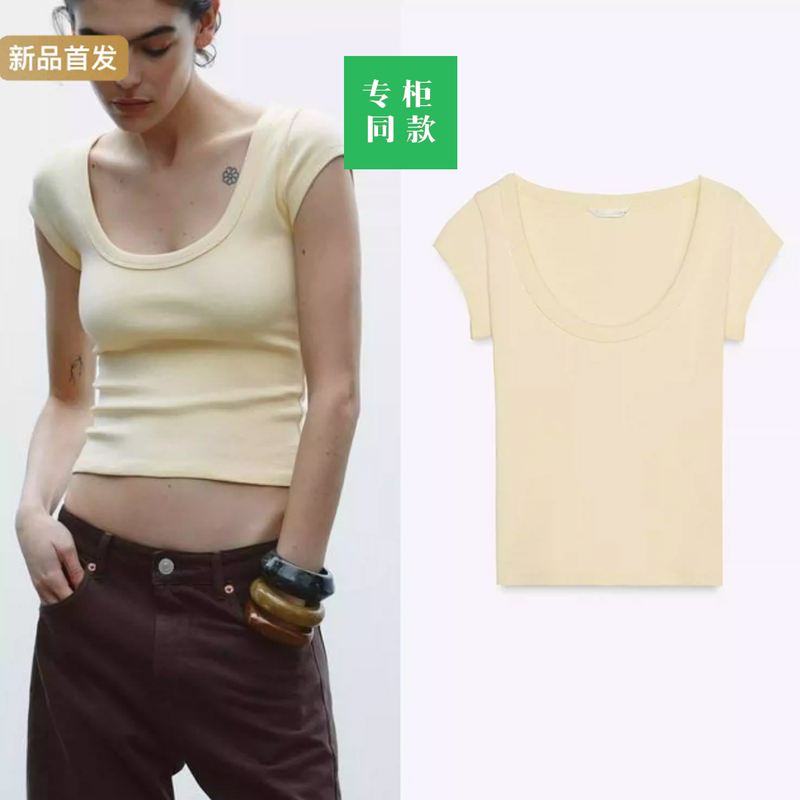 Cabinet 169! Za Spring and Summer New Fashion Sweet and Spicy Style Slim U-Neck Short Shoulder Sleeve Cotton T-Shirt for Women 4174320