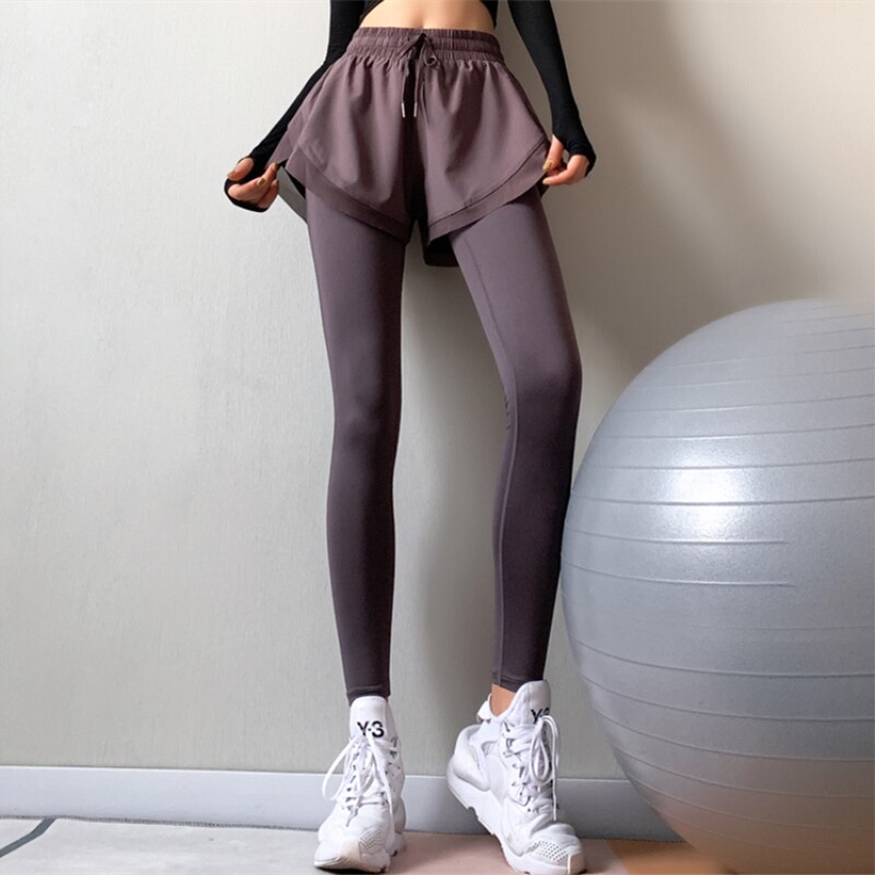 Fake Two Fitness Pants Woman High Waist Elastic Tight Running Pants Skirt Speed Dry Sports Pants Spring Summer Yoga Long Pants Slim Fit
