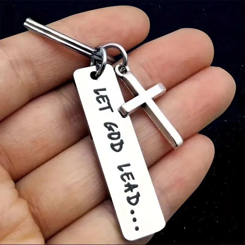 Creative Engraved Cross Keychain Ring, Cross English Pendant, Backpack Accessory, Metal Jewelry, Small Gift