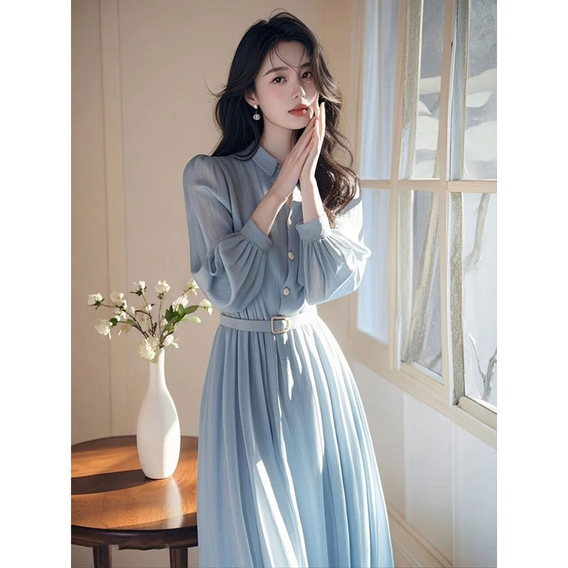 Authentic Gejia New 2026 Autumn Women's Clothing, French-Style High-End Elegant Waist-Cinching Long Dress, Blue Shirt Dress Authentic Gejia New 2026 Autumn Women's Clothing, French-Style High-End Elegant Waist-Cinching Long Dress, Blue Shirt Dress