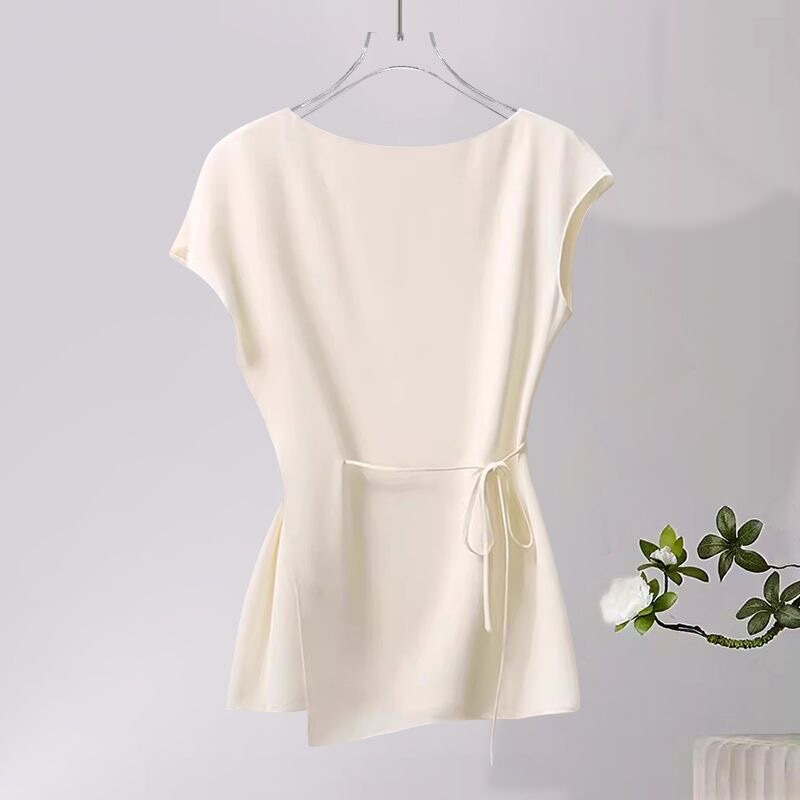 Authentic Gejia New Summer Irregular Waist-Tie Satin Shirt for Women with a Design Featuring Ruffled Sleeveless Top