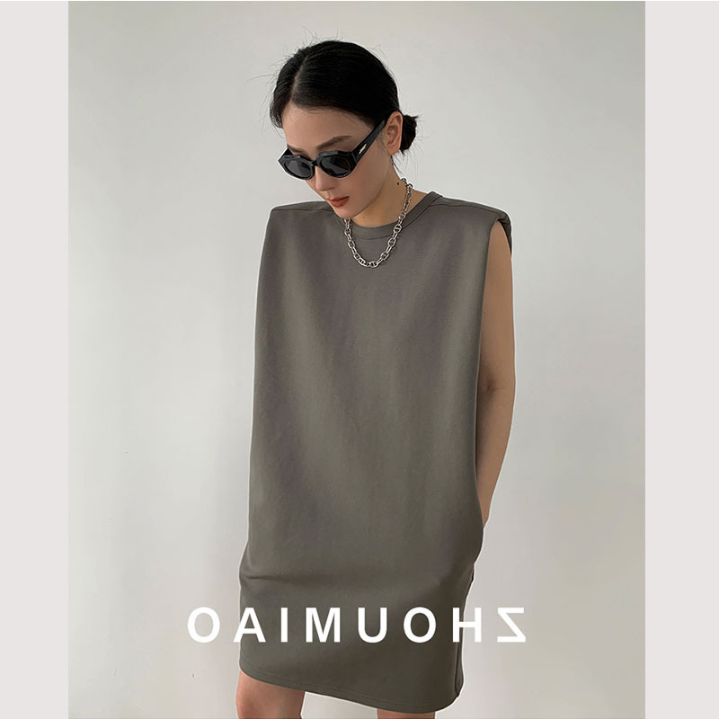 Hd Petite Dress for Women, Summer Loose Mid-Length Lazy Dress with Shoulder Pads, Slimming Casual Sleeveless T-Shirt Tank Dress