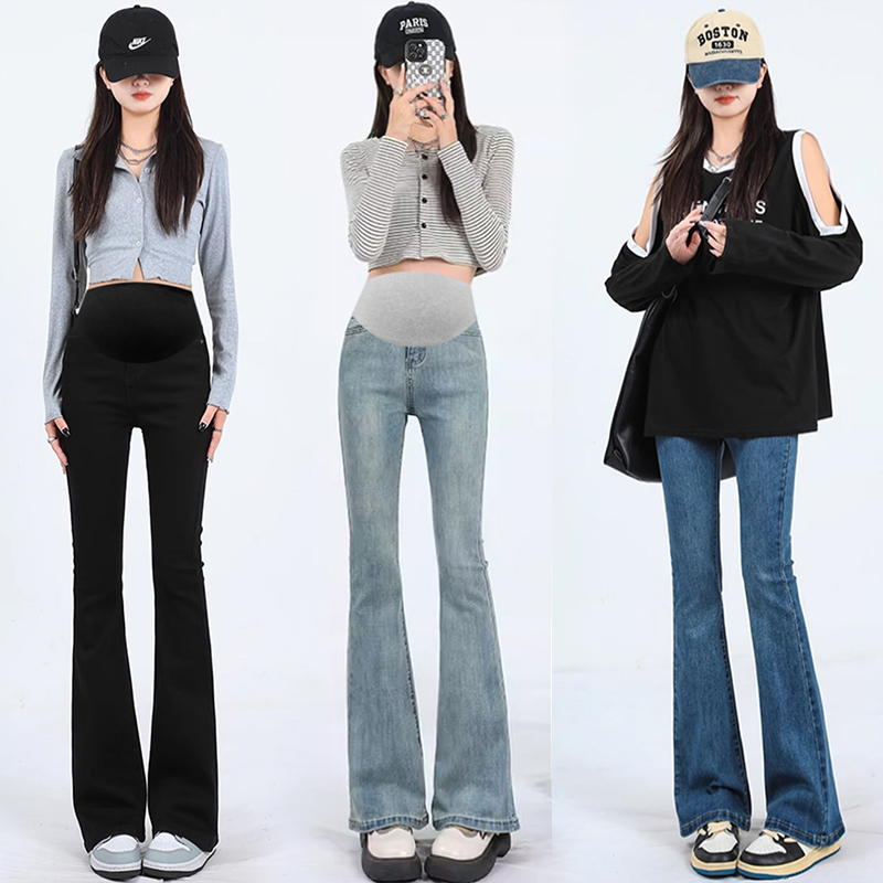 Maternity Jeans for Spring and Summer, Fashionable High-Waisted Flared Pants with Belly Support, Versatile Slimming Retro Trendy Mom Long Pants