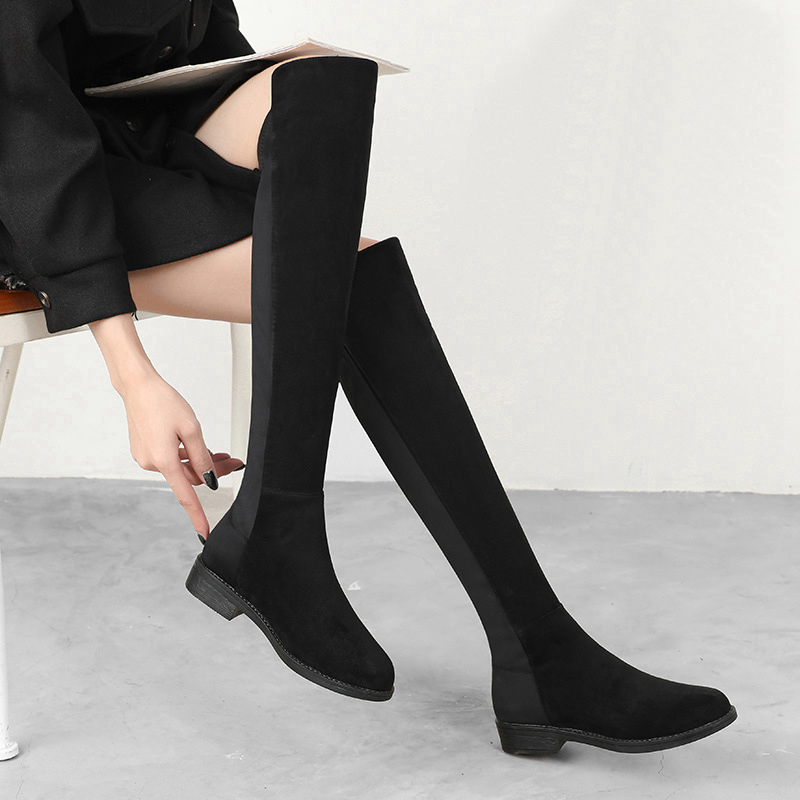 Sw5050 Genuine Leather Over-The-Knee Boots for Women, Slim Elastic Boots, Flat Thick Heel, Medium Heel, Long Boots, Winter 2025