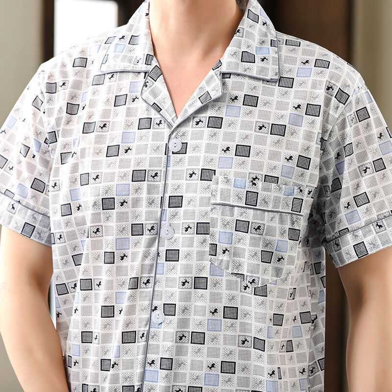 Middle-Aged and Elderly Men's Summer Pajamas, Single-Piece Cotton Cardigan, Short-Sleeved Thin Top, Loose Home Wear Top, Large Size Set
