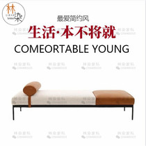 Simple and modern leather stitching sofa stool Nordic small apartment bed end stool changing shoe stool light luxury metal foot bench