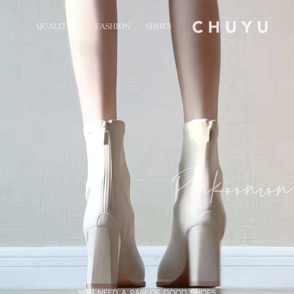 Off-White Short Boots for Women, New Autumn and Winter Boots with Plush Lining, Chunky Heel, High Heel Boots, Korean Drama Heroine Style, Slim Boots, Square Toe