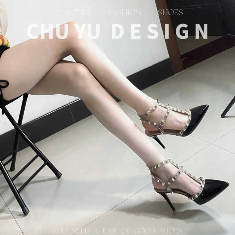 2026 Summer New Pointed Toe Nude Studded High Heels Women's Sandals Shallow Mouth Stunning Black Single Shoes Stiletto Heels