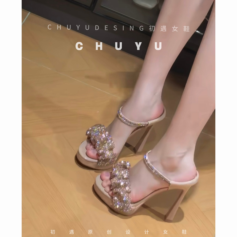 Rhinestone Waterproof Platform High Heels for Women 2026 Summer New Style One-Strap Chunky Heel Sandals, Sexy Open-Toe Slippers for Mature Women
