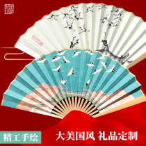 Su-worked original hand-painted folding fan Xianghui Crane Graphic and Creative Gift Ancient Wind Power China Chauhan Mens Fan Noodles Customized Lettering