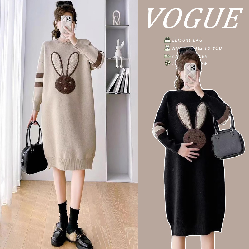 Maternity Wear Autumn Sweater Set Mid-Length Maternity Cartoon Knit Dress Autumn and Winter Base Sweater Dress Trendy