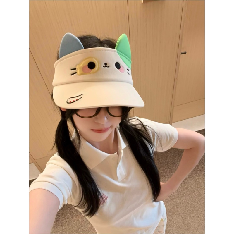 Cute Little Floral Cat Visor Hat for Big Heads and Round Faces, Makes the Face Look Smaller, Blue-Green Color-Blocking Sun Protection Hat, Versatile Korean Style Cute Little Floral Cat Visor Hat for Big Heads and Round Faces, Makes the Face Look Smaller, Blue-Green Color-Blocking Sun Protection Hat, Versatile Korean Style