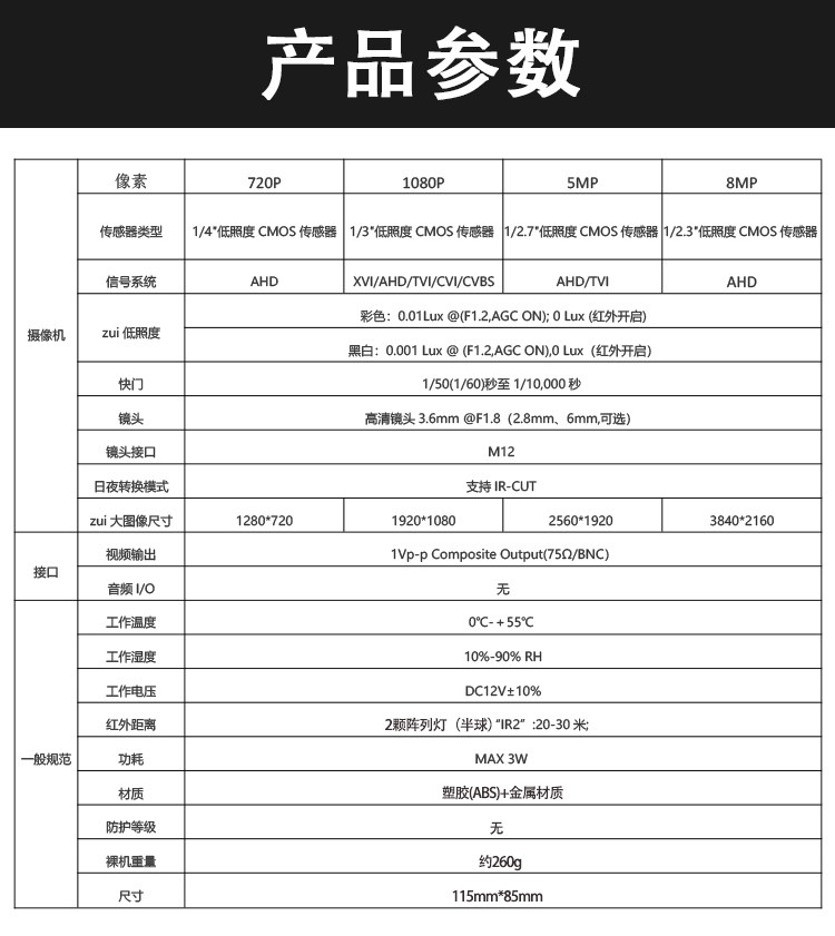 товар из китая 雄迈家用室内高清4k监控暖光全彩500万utc五合一ahd同轴bnc摄像头 XM jufeng