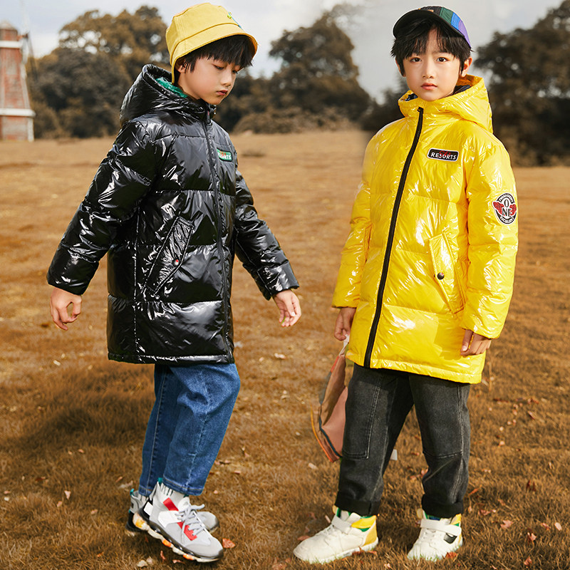 Boys and girls mid-length wash-free down jacket thickened black, yellow, blue and red coat big children's hooded cotton-padded jacket clothes winter