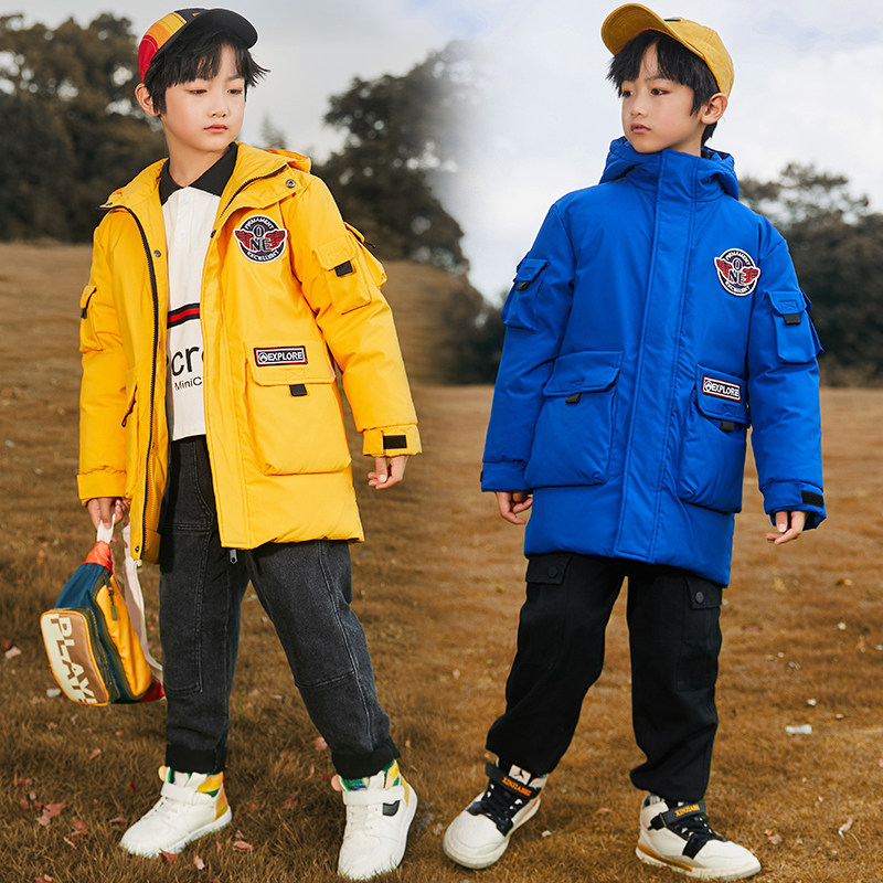 Boys and girls mid-length Korean version of down jacket thickened blue red black yellow coat big children hooded cotton jacket clothes winter