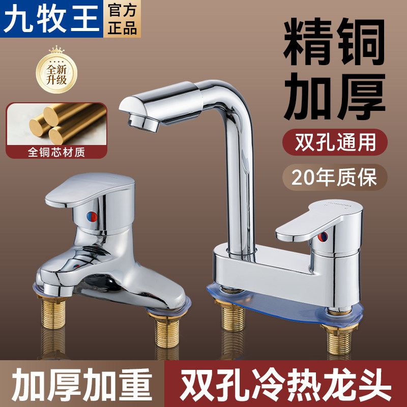 Washbasin Faucet, All-Copper Bathroom Faucet, Hot and Cold Water Two-In-One, Swivel Head, Double-Hole Basin Faucet
