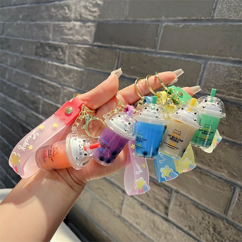 Oiled Cat Milk Tea Cup Quicksand Bottle Keychain Acrylic Cat Pearl Milk Cap Cup Key Chain Men and Women Gifts