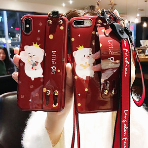 红色新年苹果手机壳带挂绳猪