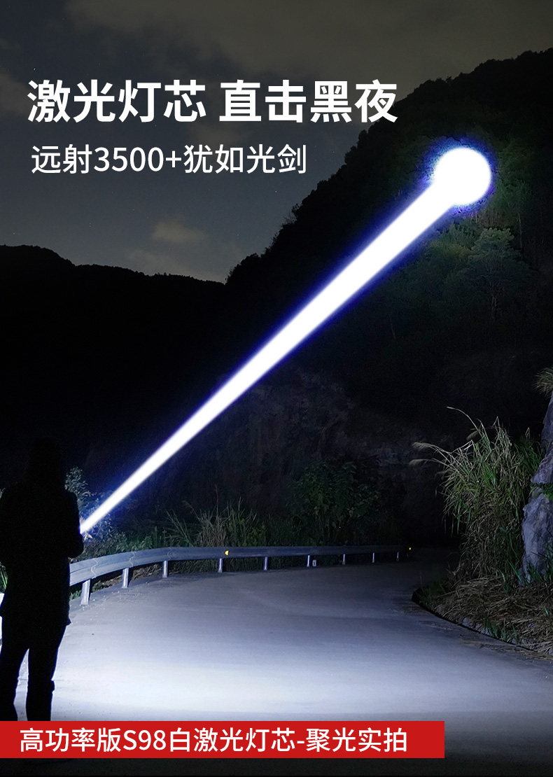 Cross-Border High-Intensity Ultra-Bright Flashlight with Smart Electronic Display, White Laser, Lithium Battery, Fast Charging, Warning Light, Outdoor Emergency Light
