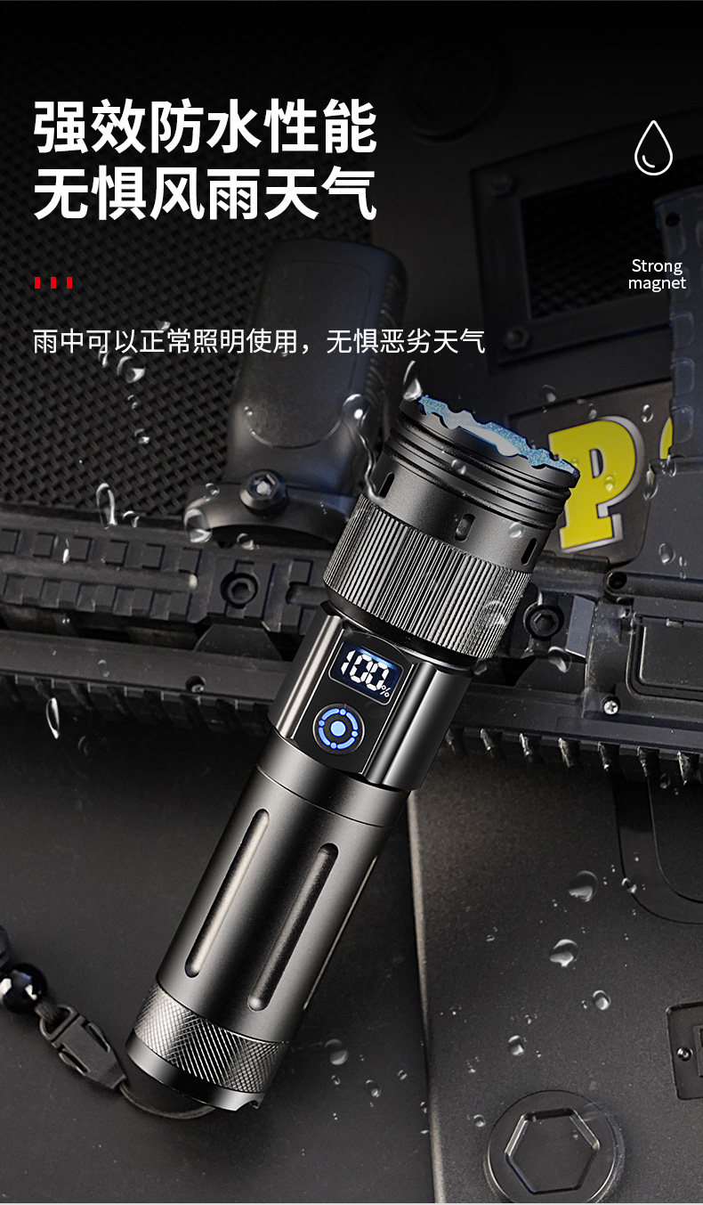 Cross-Border High-Intensity Ultra-Bright Flashlight with Smart Electronic Display, White Laser, Lithium Battery, Fast Charging, Warning Light, Outdoor Emergency Light