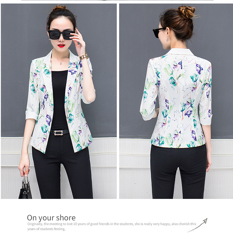 Áo khoác vest mới 2018 xuân hè mới size lớn chất béo mm khí chất bảy điểm tay áo một nút in họa tiết giản dị phù hợp với nữ ao khoac nu