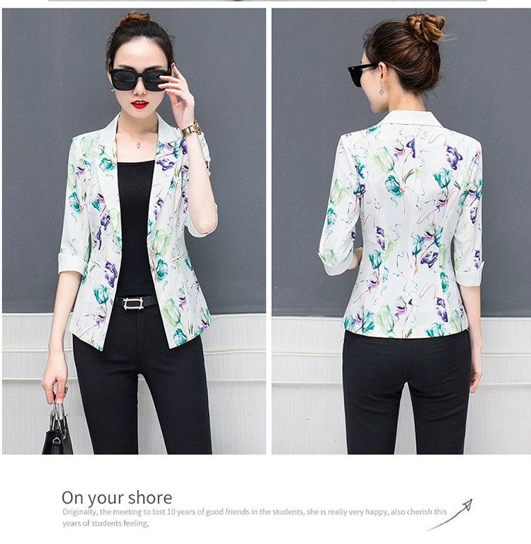 Áo khoác vest mới 2018 xuân hè mới size lớn chất béo mm khí chất bảy điểm tay áo một nút in họa tiết giản dị phù hợp với nữ