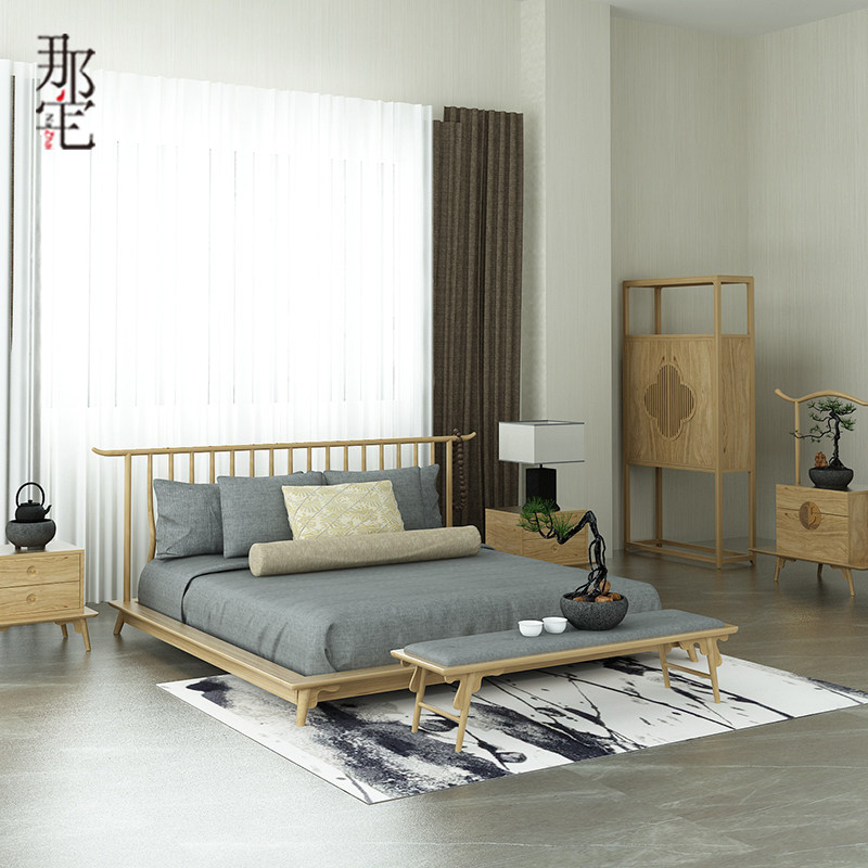 New Chinese style solid wood Zen Nordic style log color 18m double bed homestay hotel simple modern furniture customization