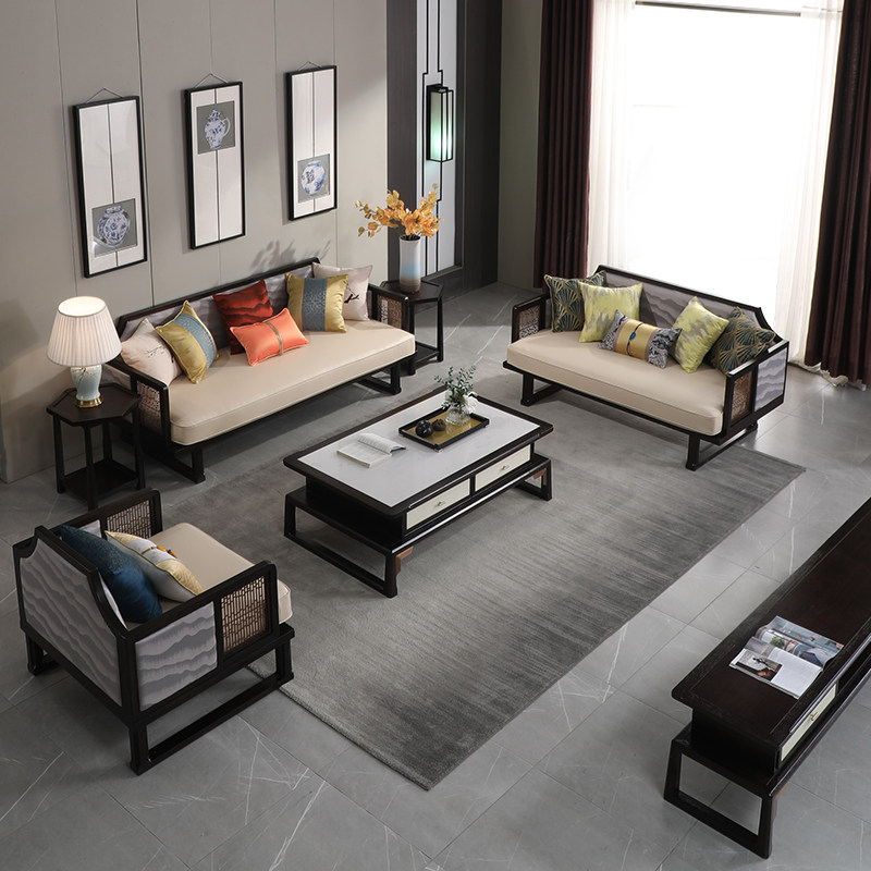 New Chinese solid wood sofa combination modern homestay hotel light luxury villa model room Zen living room furniture customization