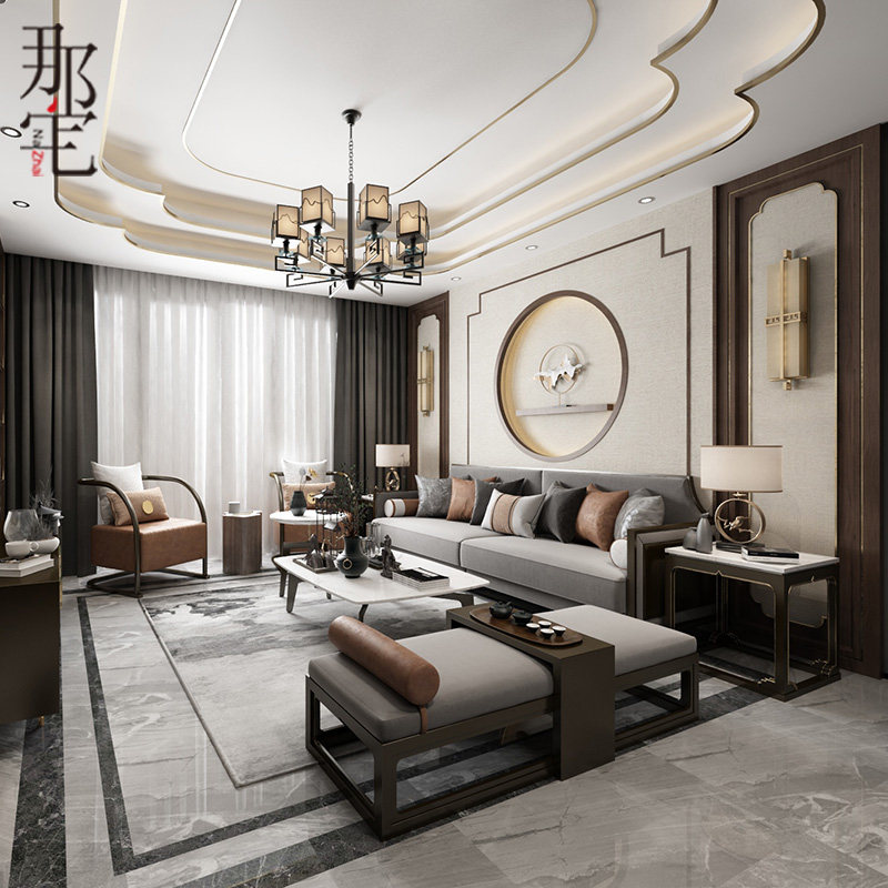 New Chinese style solid wood sofa coffee table TV cabinet combination modern light luxury villa Zen model room furniture customization