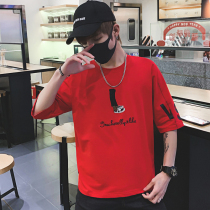 Guochao T mens short sleeves summer Middle School students trend loose seven-point mid-sleeve sweater mens 5-point shirt shirt