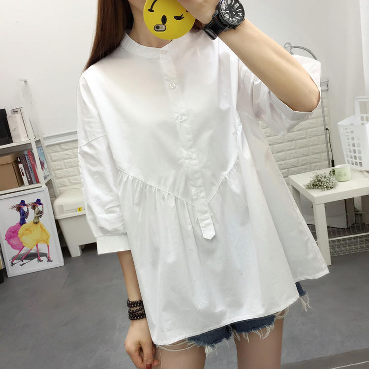 White maternity shirt summer cotton loose Korean version of fashion medium-long short-sleeved professional dress overalls shirt summer