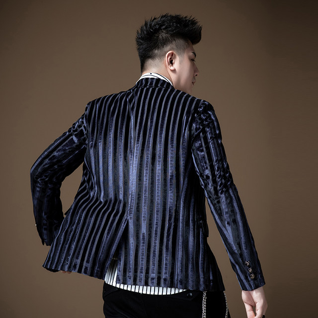 ZOUK men's velvet striped bee casual single suit jacket men's Korean trendy Hong Kong style retro yuppie suit