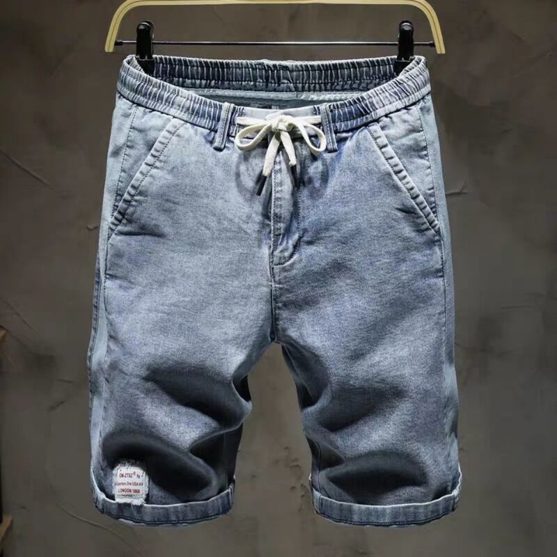 Summer Elastic Waist Denim Shorts for Men, Korean Style Loose Thin Breeches with Elastic Waist, New Trendy Brand Five-Point Shorts