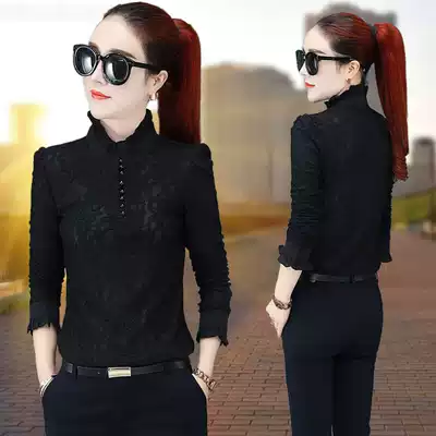 Black lace bottoming shirt women's stand-up collar 2021 autumn new all-match plus velvet thickened mesh inner top shirt