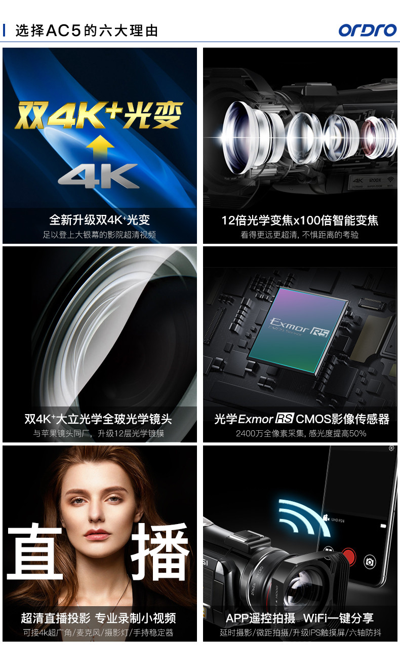 Ordro\/欧达 AC5智能4K高清数码摄像机DV12倍