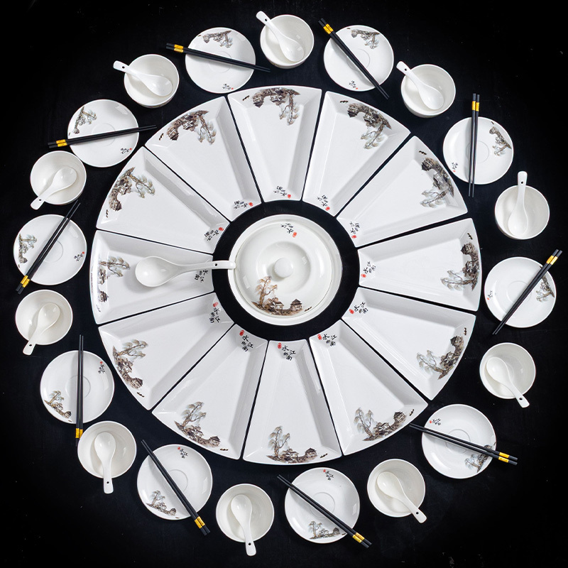 Chinese-Style Tableware Set, White Porcelain with Landscape Embroidery, Round Table Turntable, High-End Feel for Home Use