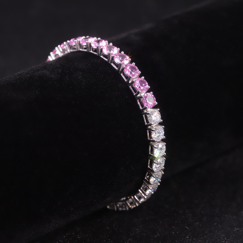 ins Feng Moissanite Bracelet 3/4/5mm Color-Block Tennis Chain S925 Sterling Silver Inlaid with Cultivated Sapphire Pink Bracelet