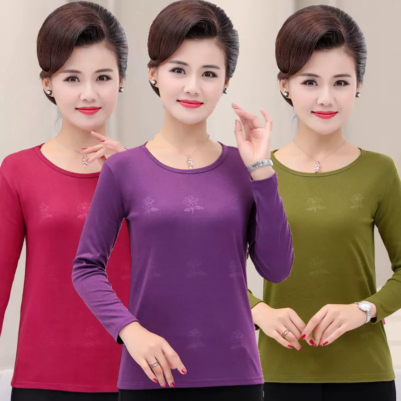 Cổ tròn mùa thu quần dài tay mùa thu cho phụ nữ trung niên Các bà mẹ mặc áo thun cotton Áo phông in hình trung niên - Quần áo của mẹ