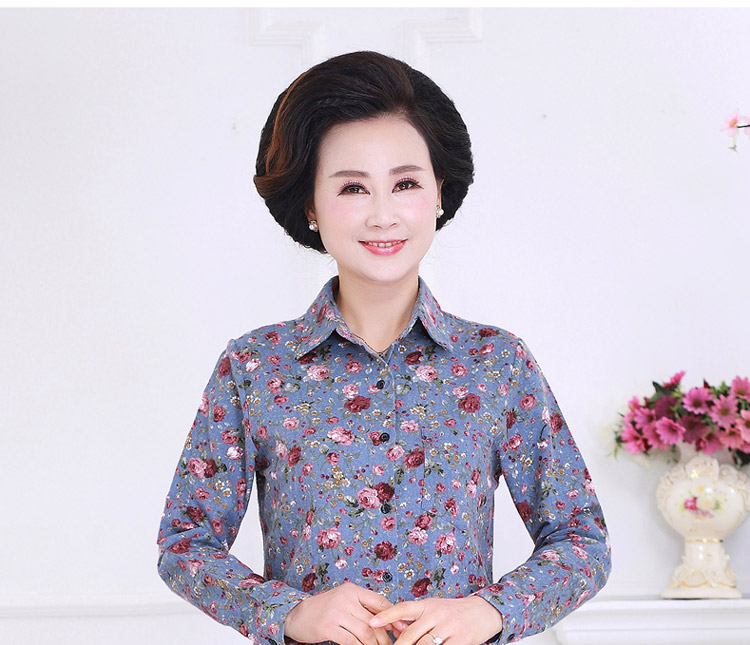 Mùa xuân và mùa hè trung niên cotton dài tay áo sơ mi Bà mẹ tải áo sơ mi cotton cỡ lớn áo sơ mi cũ áo sơ mi họa tiết