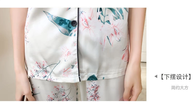 Bộ đồ ngủ lụa băng của phụ nữ mùa hè Hàn Quốc ngắn tay quần dài hai mảnh phù hợp với sinh viên tươi và dễ thương lụa thực cộng kích thước dịch vụ tại nhà - Cha mẹ và con