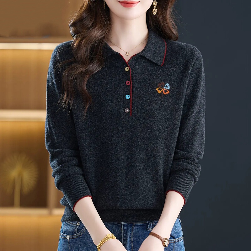 High-End 100% Pure Wool Sweater for Women, Spring and Autumn 2026 New Stylish Mom-Style Polo Collar Knit Sweater High-End 100% Pure Wool Sweater for Women, Spring and Autumn 2026 New Stylish Mom-Style Polo Collar Knit Sweater