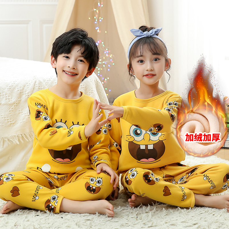 Children Underwear Warm Plus Suede Suit Spring Autumn style male girl cotton sweatshirt male girl pure cotton thickened pants two sets