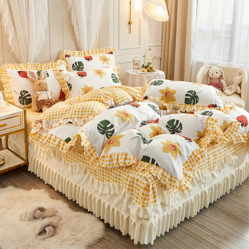 New sanding padded double lace bed skirt four-piece three-piece bed set quilt cover skin-friendly bedding