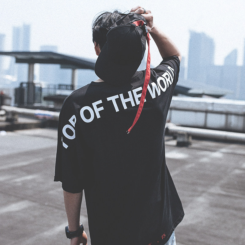 兔公子2017夏季潮牌后背字母印花短袖男休闲百搭BF风宽松中袖T恤