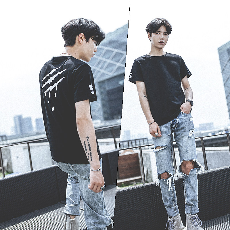 韩版潮学生2017男t恤新款夏季宽松潮男大码半袖简约百搭青年潮流